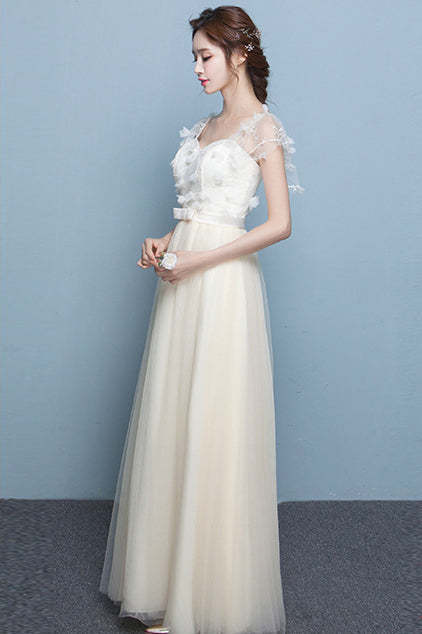 Transparent Short Sleeves Flowers Tulle Empire Long Party Bridesmaid Dress