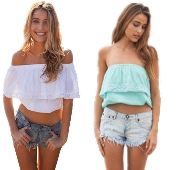 Strapless Pure Color Chiffon Crop Fly-away Top - Meet Yours Fashion - 3