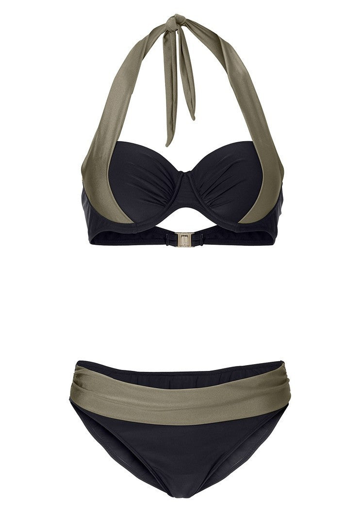 Patchwork Contrast Color Halter Two Pieces Swimwear Bikini Set - Meet Yours Fashion - 9