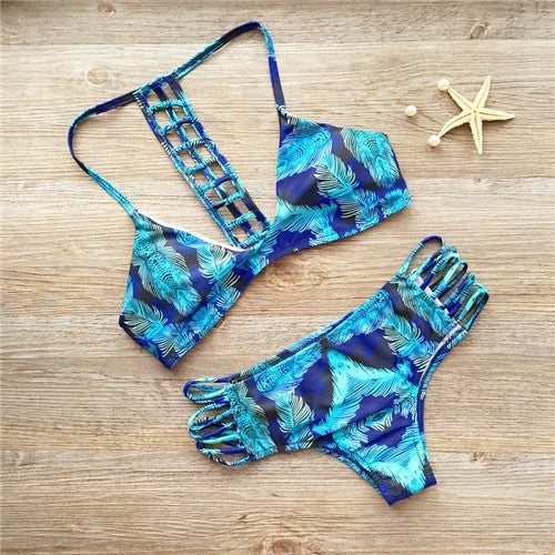 Sexy Hollow Out Lace Up Print Padded Two Pieces Swimwear