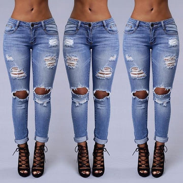 Ripped Holes Straight BF Style Elastic Jeans - Meet Yours Fashion - 4
