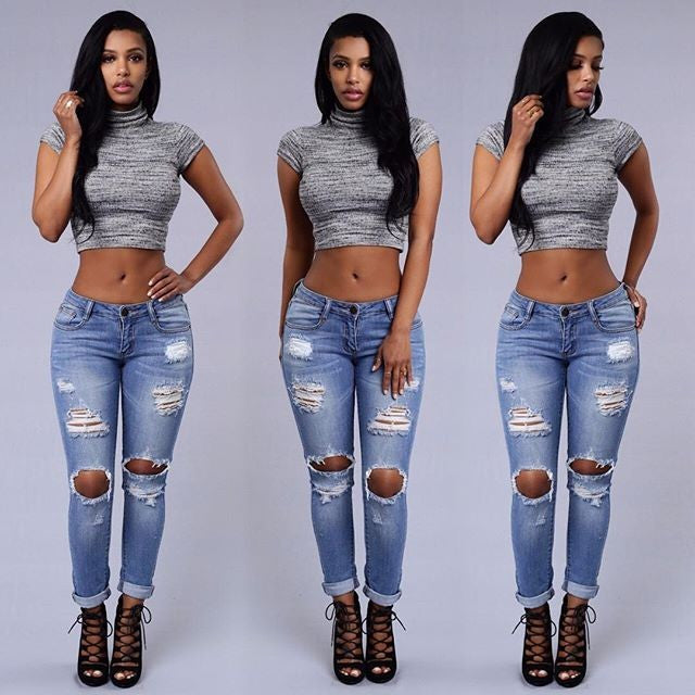 Ripped Holes Straight BF Style Elastic Jeans - Meet Yours Fashion - 2