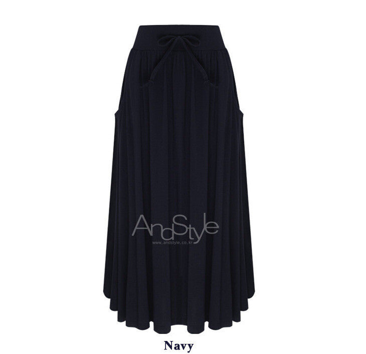 Bowknot Solid Side Pockets Pleated Long Skirt - Meet Yours Fashion - 3