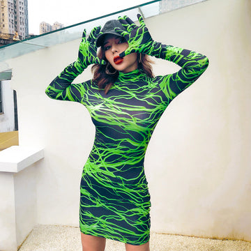 Party Green Print With Gloves Bodycon Long Sleeve Dress