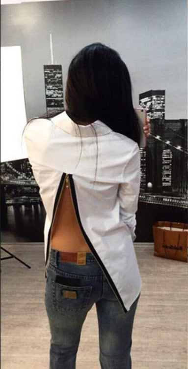 Turn-down Collar Long Sleeves Backless Split Pure Color Blouse