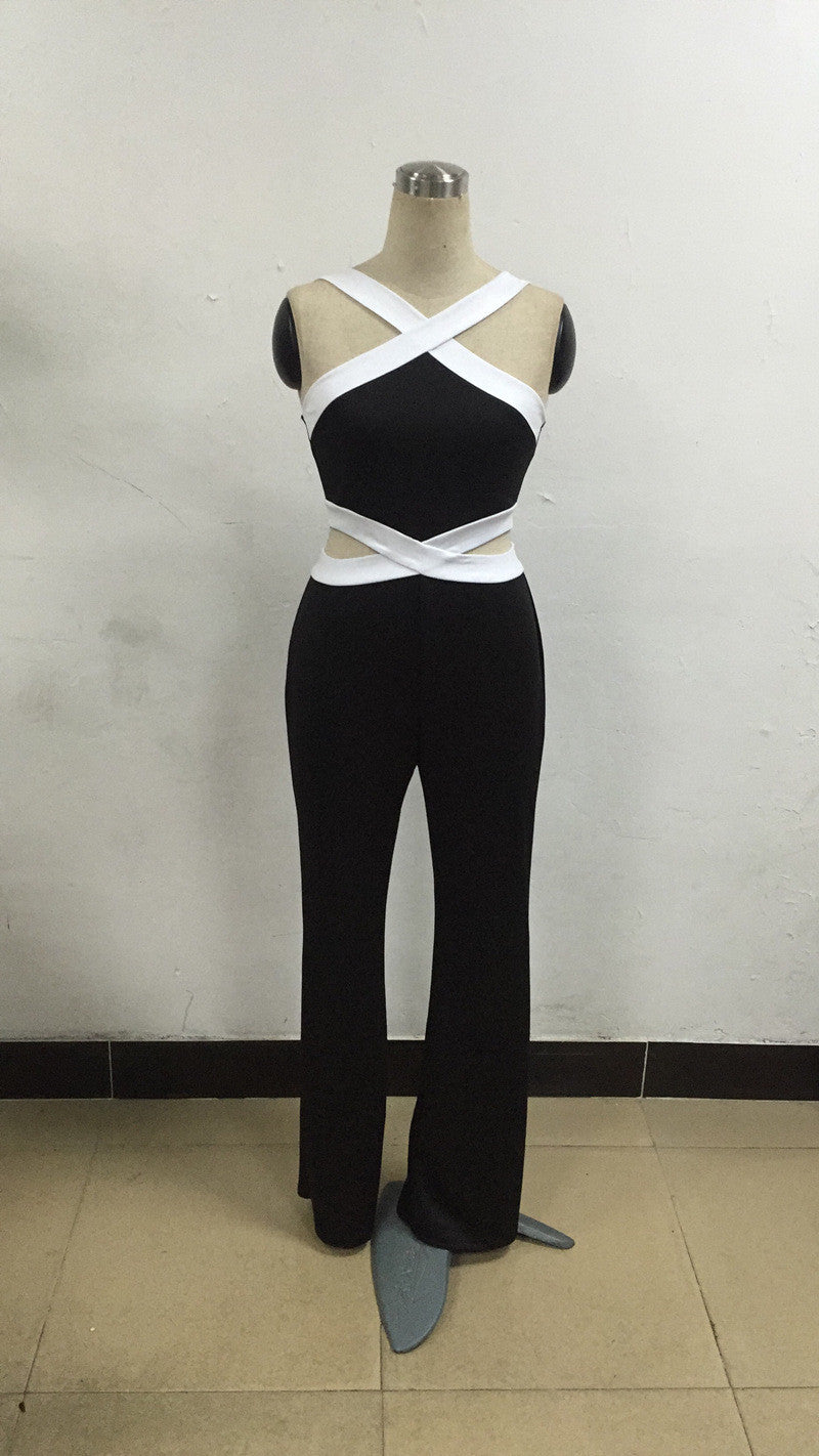 Sexy Contrast Color Bandage Flared Leg Long Jumpsuit