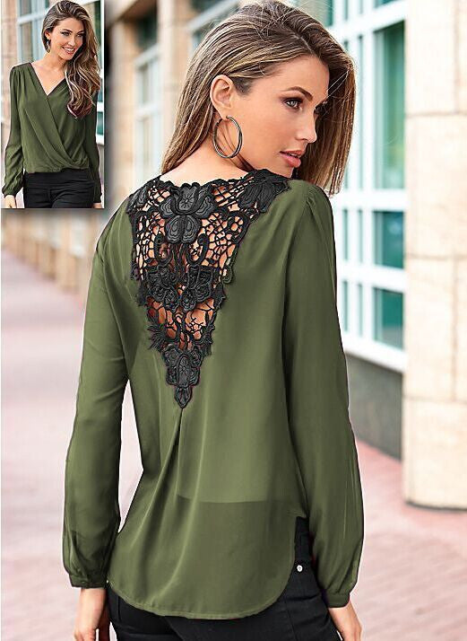 Backless Lace Patchwork V-neck Long Sleeves Chiffon Blouse - Meet Yours Fashion - 8