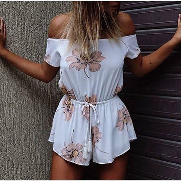 Strapless Off-shoulder Flower Print Short Sleeves Jumpsuits - Meet Yours Fashion - 1