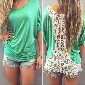 Casual Lace Patchwork Back Hollow Out Short Sleeves Scoop T-shirt - Meet Yours Fashion - 1