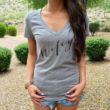 V-neck Short Sleeves Slim Letter Print T-shirt - Meet Yours Fashion - 2