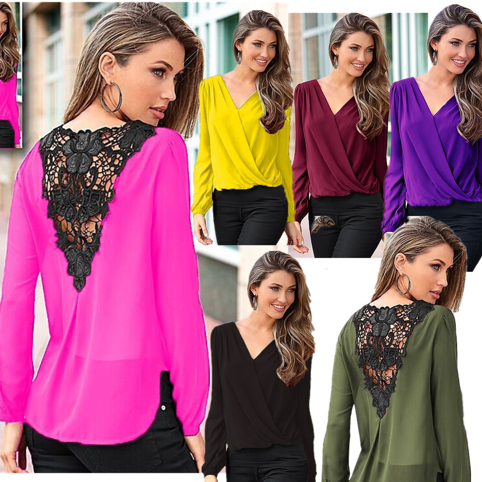 Backless Lace Patchwork V-neck Long Sleeves Chiffon Blouse - Meet Yours Fashion - 2