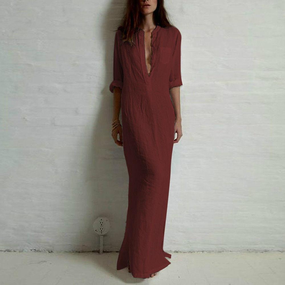 Long Sexy Soild Split Floor Length Shirt Dress - Meet Yours Fashion - 2
