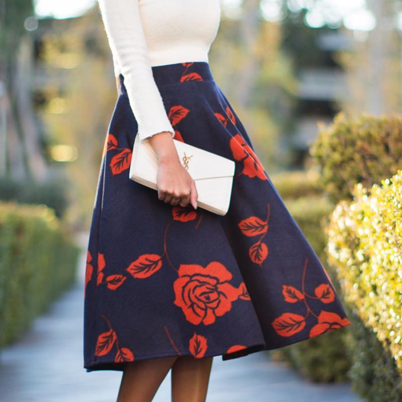 Clearance Fashion Rose Print High Waist Flared A-line Skirt