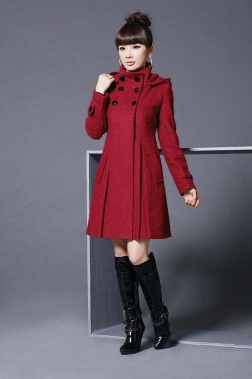 Hooded High Neck Button Slim Long Sleeves Mid-length Coat - Meet Yours Fashion - 4