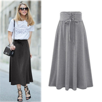 Lace Up Elastic Solid Pleated Long Skirt - Meet Yours Fashion - 2