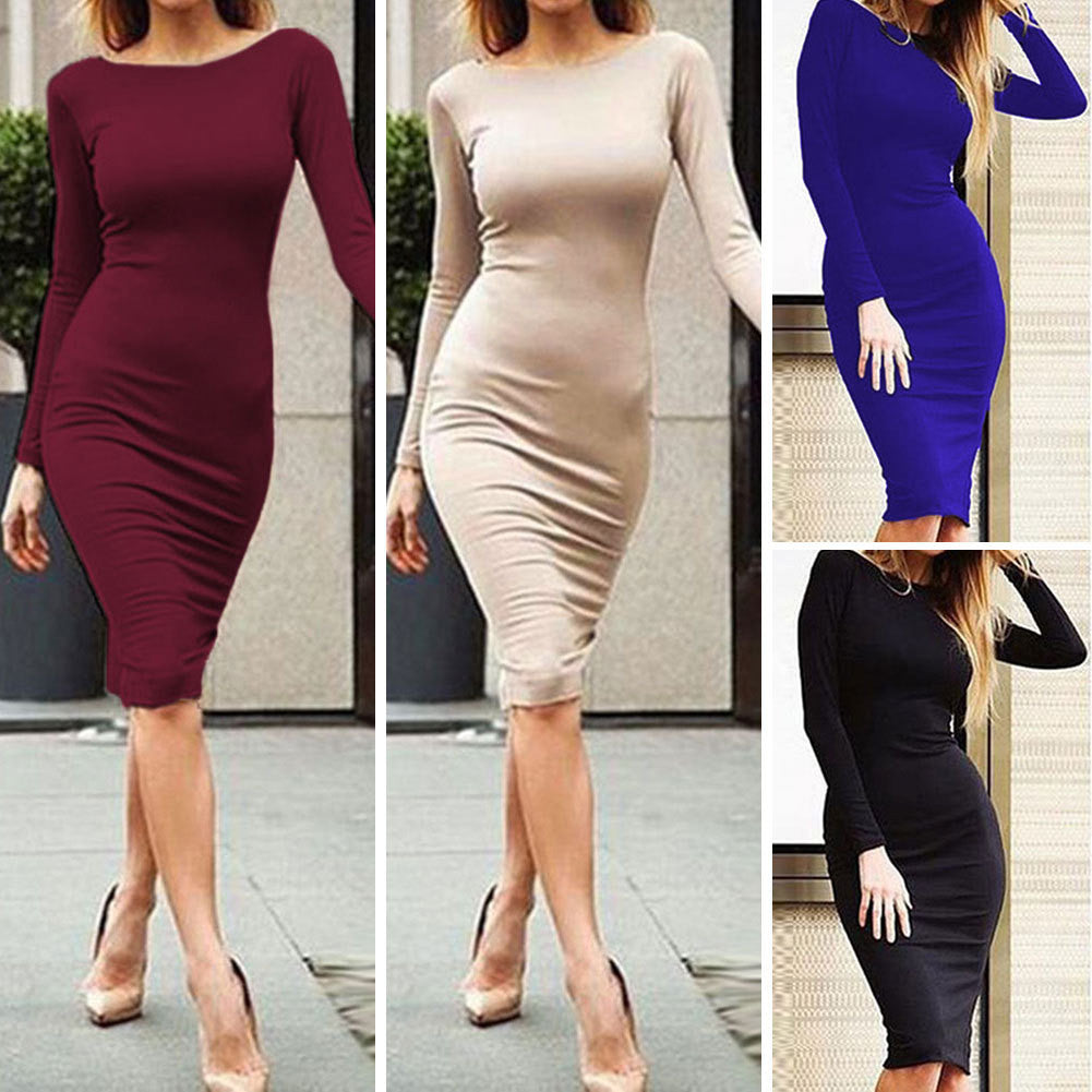Pure Color Slim Backless Long Sleeve Long Dress - Meet Yours Fashion - 8
