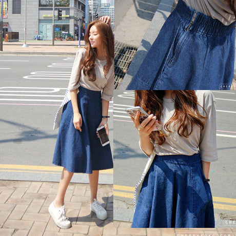A-line Flared Pleated Slim Denim Middle Skirt - Meet Yours Fashion - 2