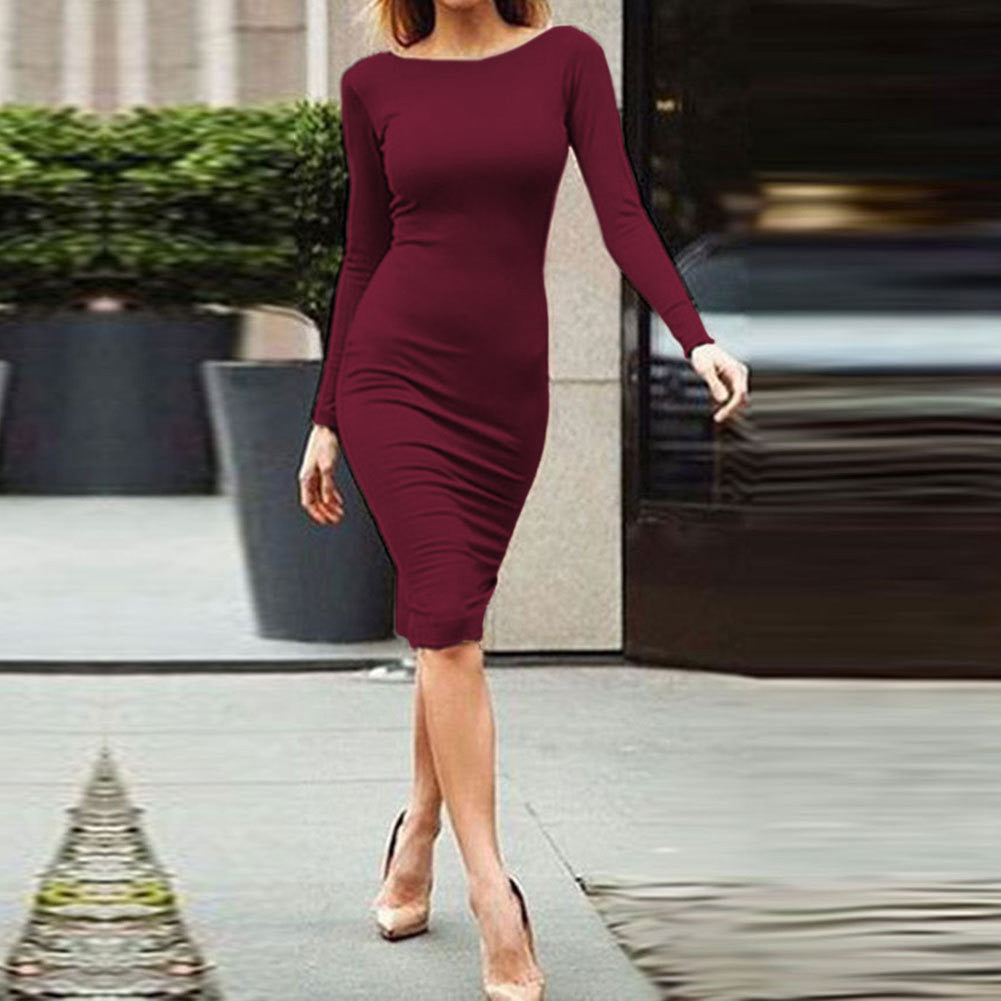 Pure Color Slim Backless Long Sleeve Long Dress - Meet Yours Fashion - 7