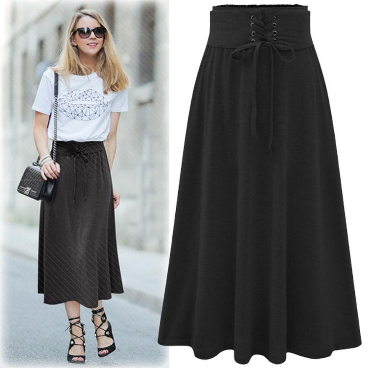 High Waist Draw String Slim Pleated Pure Color Long Skirt - Meet Yours Fashion - 2