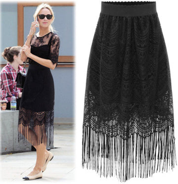 Lace Tassel Solid Bodycon Slim Long Skirt - Meet Yours Fashion - 2
