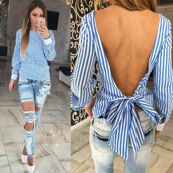 Striped Irregular Hollow Out Sexy Backless Back Cross Blouse - Meet Yours Fashion - 1