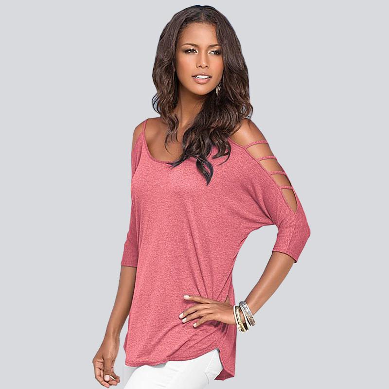 Hollow Out Scoop Pure Color 3/4 Sleeves T-shirt - Meet Yours Fashion - 6