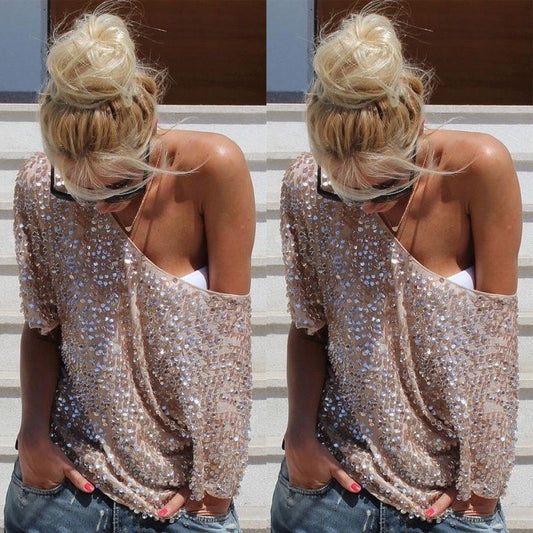 1/2 Sleeves Sequin Casual Loose Sexy Club Blouse - Meet Yours Fashion - 1