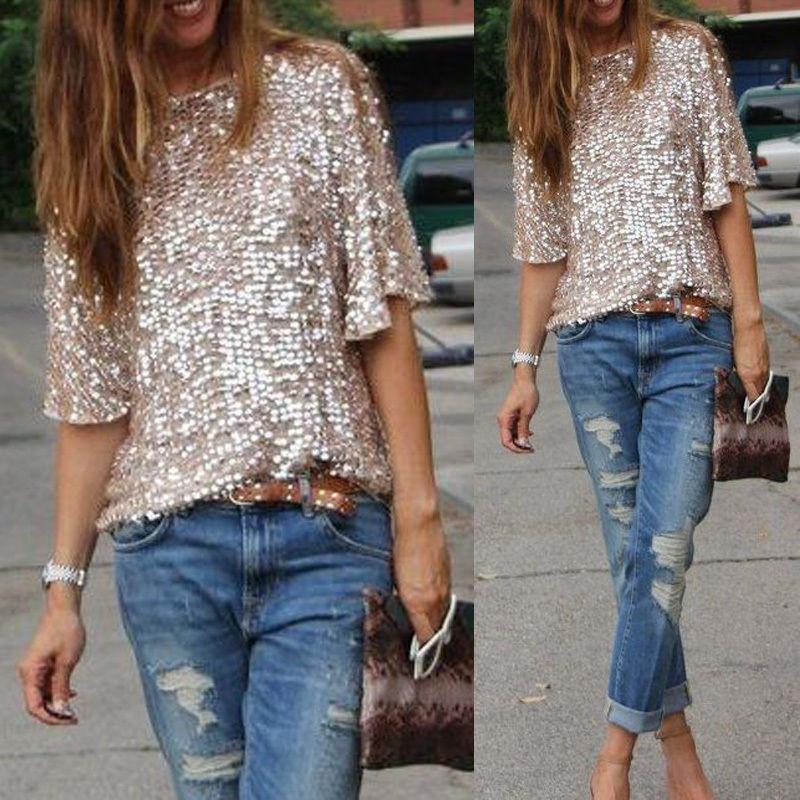 Clearance 1/2 Sleeves Sequin Casual Loose Sexy Club Blouse
