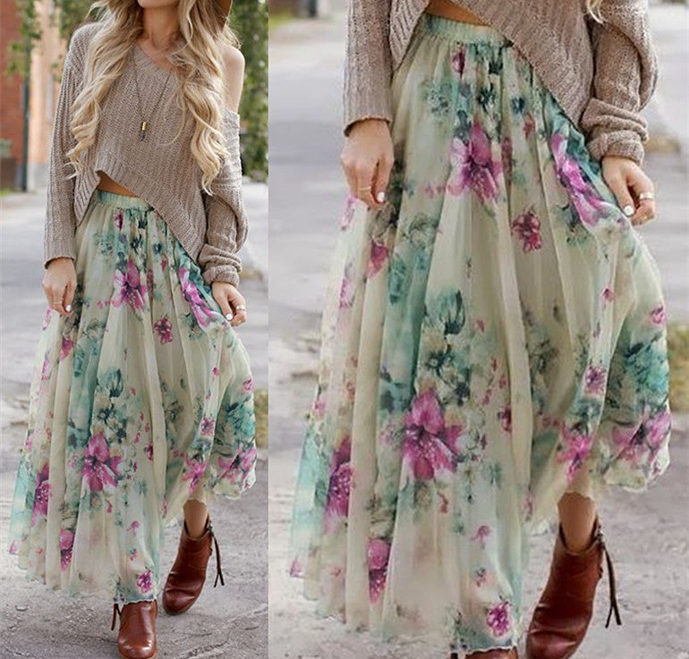 Bohemian Flower Print Wide Flare Maxi Skirt - Meet Yours Fashion - 2