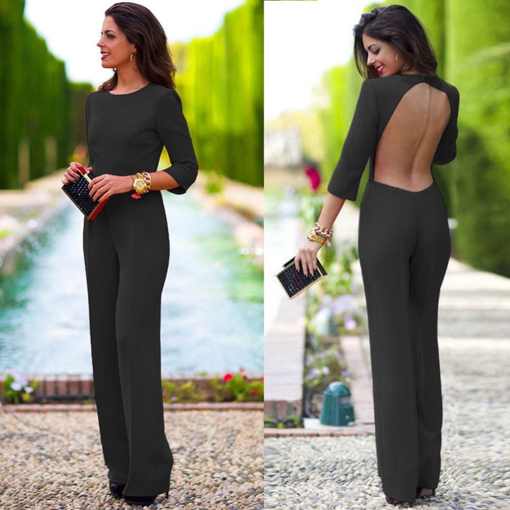 Pure 3/4 Sleeves Scoop Brief Slim Backless Long Jumpsuits - Meet Yours Fashion - 3
