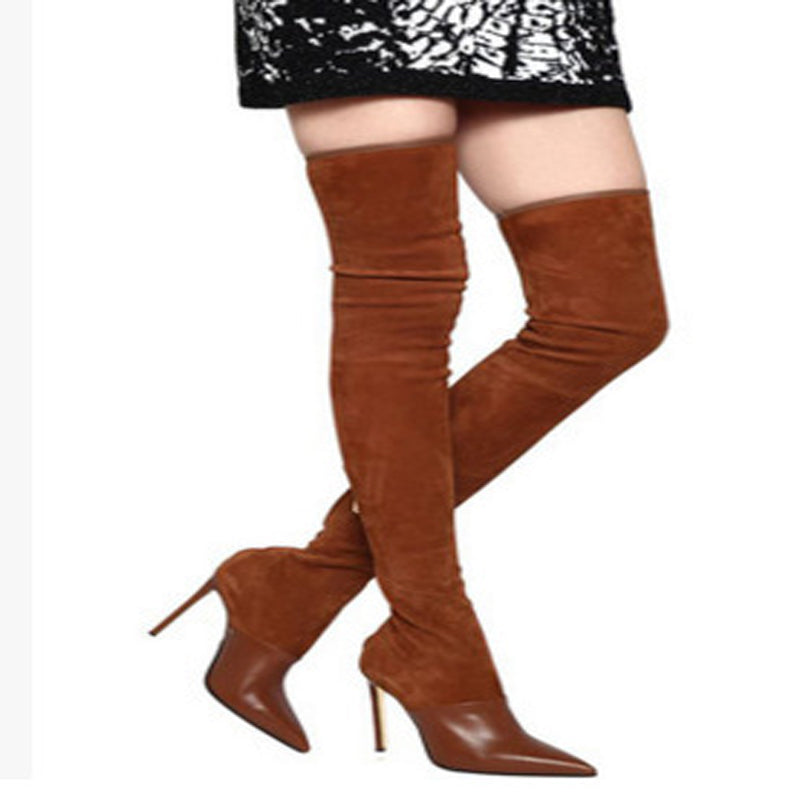 High Heel Stretch Suede Pointed Toe Thigh High Boots