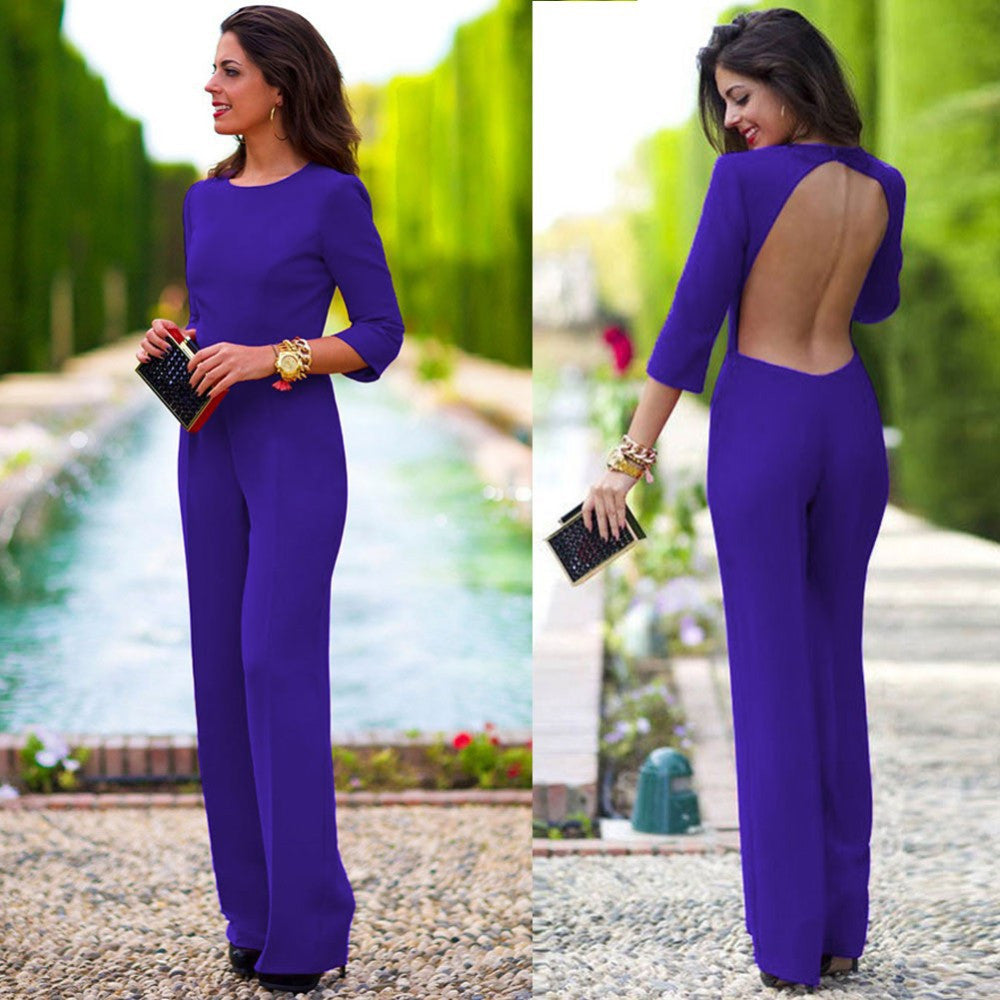 Pure 3/4 Sleeves Scoop Brief Slim Backless Long Jumpsuits - Meet Yours Fashion - 4
