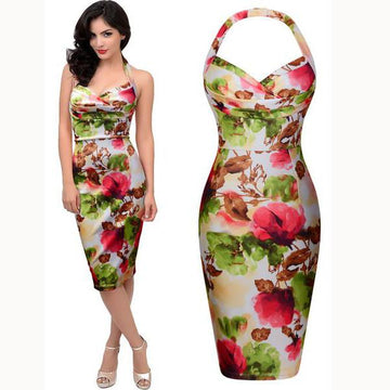 Sexy Halter Backless Sleeveless Flower Print Bodycon A-line Knee-length Dress - Meet Yours Fashion - 1