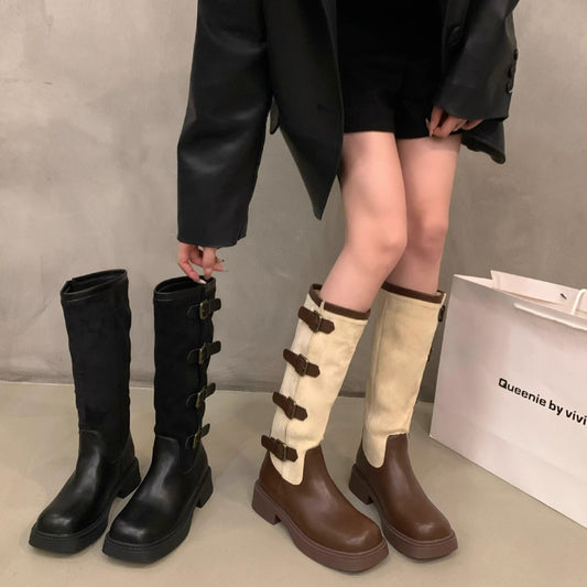Vintage Suede Thick-Soled Brown Knee-High Riding Boots