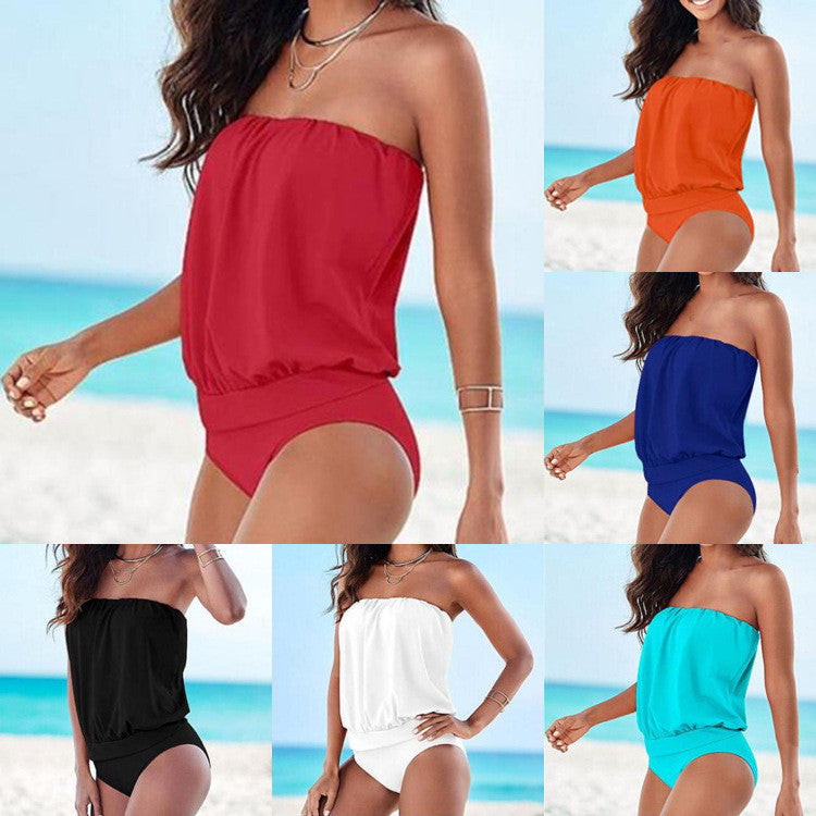 Sexy Pure Color Strapless Loose One Piece Swimwear