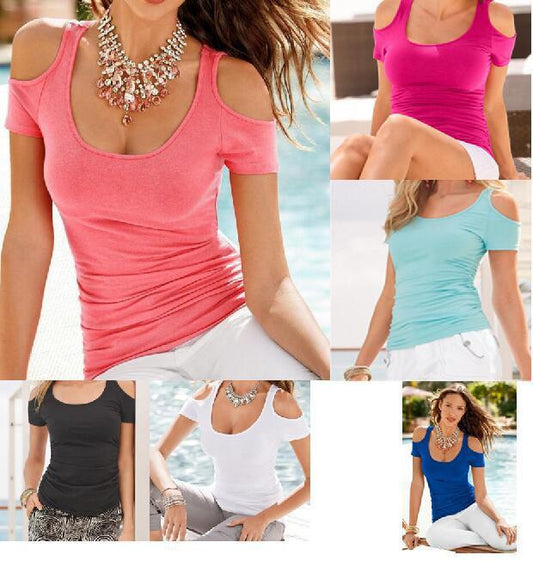Clearance Scoop Sexy Shoulder Out Short Sleeves Slim Pure Color Blouse