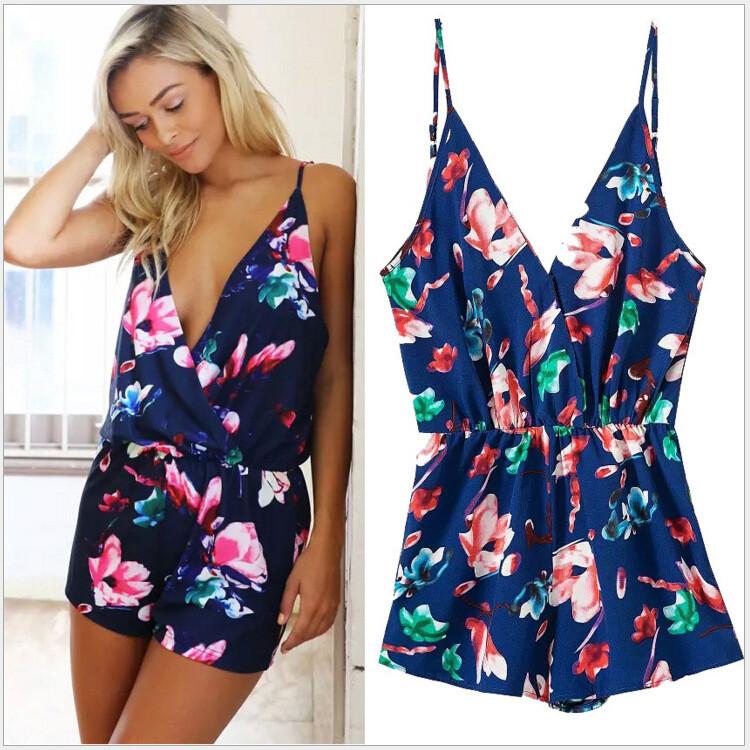 Spaghetti Strap V-neck Backless Flower Print Beach Jumpsuits - Meet Yours Fashion - 1
