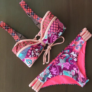 Bowknot Flower Print Spaghetti Strap Cut Out Bikini Set Swimwear - Meet Yours Fashion - 1