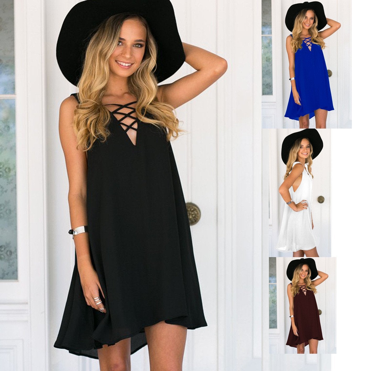 V-neck Sleeveless Pure Color Chest Cross Short Dress - Meet Yours Fashion - 1