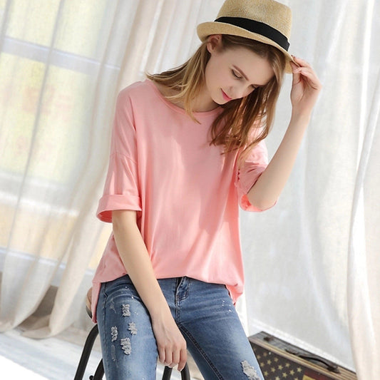 Scoop 1/2 Sleeve Pure Color Loose Plus Size T-shirt