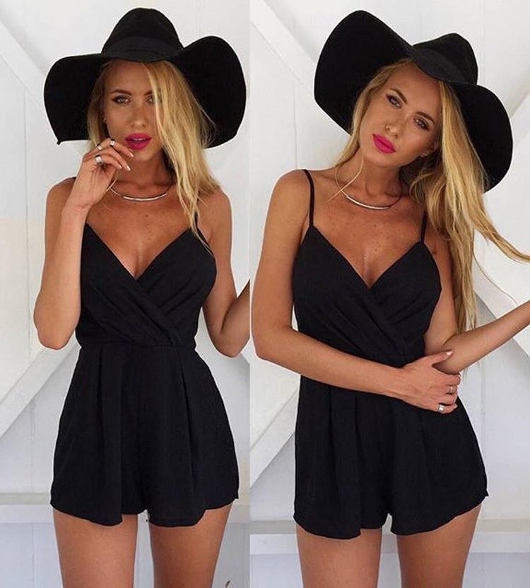 Pure Color Spaghetti Strap V-neck Sleeveless Short Jumpsuit - Meet Yours Fashion - 2