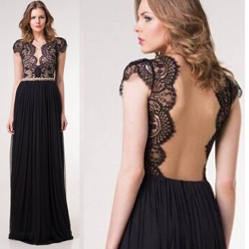 Pure Color Lace Deep V-neck Backless Long Dress - Meet Yours Fashion - 1