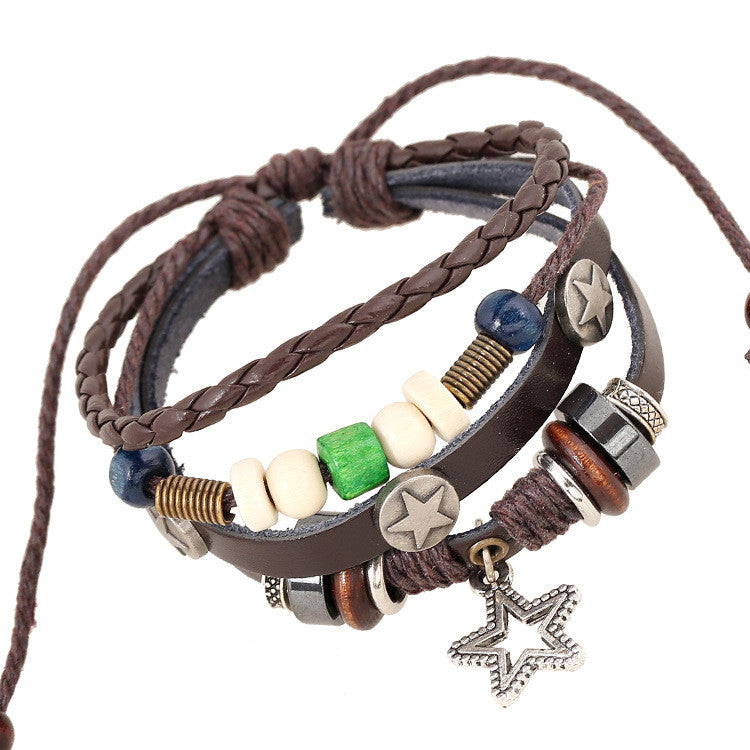Star Pendant Multilayer Leather Bracelet