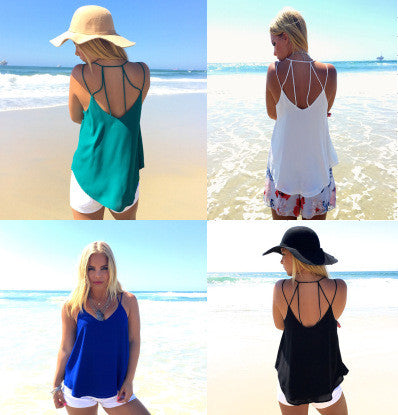 Spaghetti Strap Scoop Backless Pure Color Sexy Blouse - Meet Yours Fashion - 2