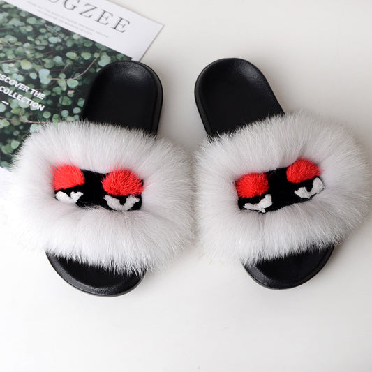 Fox fur little monster slippers slippers Jurchen fur grass fur cool slippers