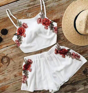 Flower Embroidery Crop Top with Short Skirt