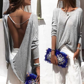 Backless Cross Scoop Long Sleeves Sexy Blouse