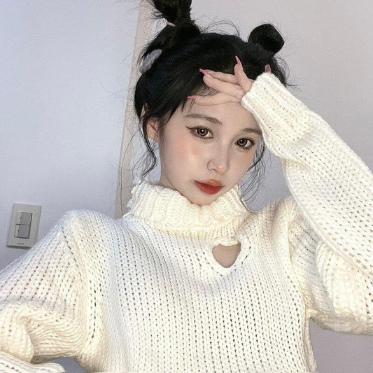 Kawaii Clothing Cropped Turtleneck Sweater Pullover Hollow Heart Harajuku
