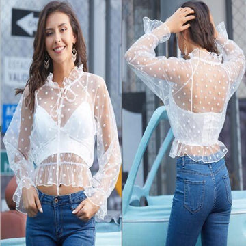 Auricularia auricula Wave point sexy perspective Long sleeve Lace T-shirt