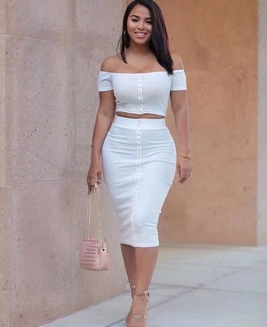 Pure Color Crop Top with Skirt Two Pieces Dress Set